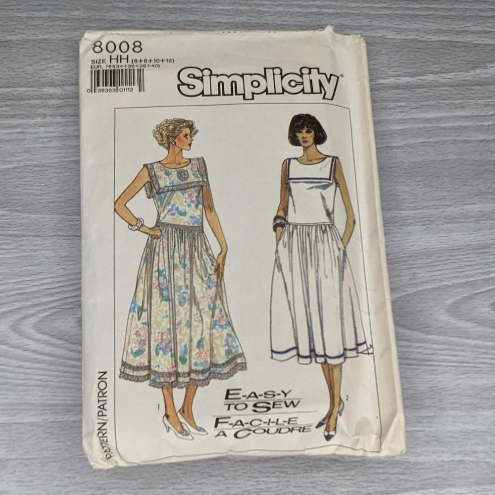 Vintage 1986 Simplicity Easy-to-Sew Dress Pattern 8008 Size 6+8+10+12